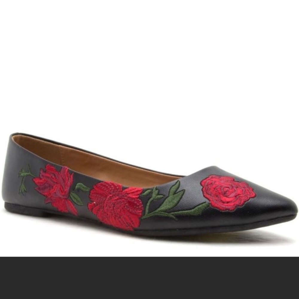 Black and red floral rose ballerina flats